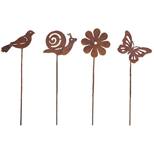 Gartendeko Rost,4er Set Garden Gartenstecker,Roststecker aus Edelrost Metall, Rost Deko für Garten Terrasse Balkon Blumentopf