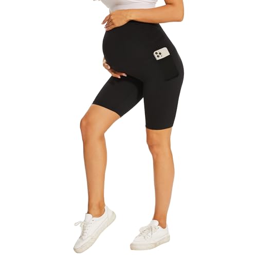 DDOBB Damen Umstandsleggings mit Taschen High Waist Umstandshose Blickdichte Schwangerschaftsleggings Weich Elastisch Umstandsmode Zuhause Yoga Sport(Schwarz Shorts, M)