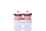 Unbekannt Cupcake Shakers Salz und Pfefferstreuer Set Keramik Salz und Pfefferstreuer Cupcakes in Pink mit weissem Untersetzer