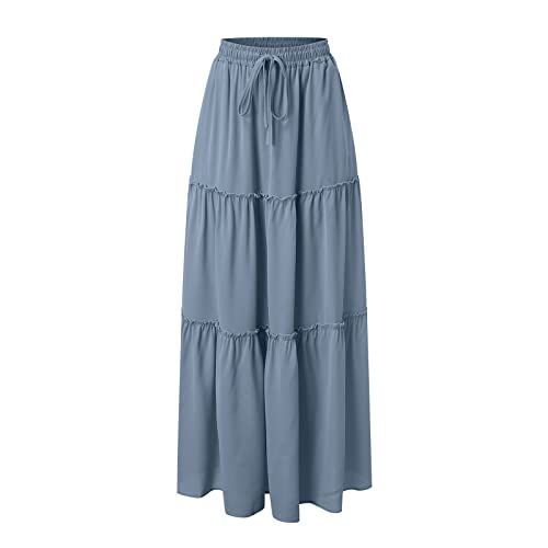 Skang Maxi Rock Für Damen Sommer Damen-Frühling/Sommer, lässig, hohe Taille, Baumwolle und Leinen, einfarbig, plissiert, lockerer Swing, halblanger Rock Rock A Linie Knielang