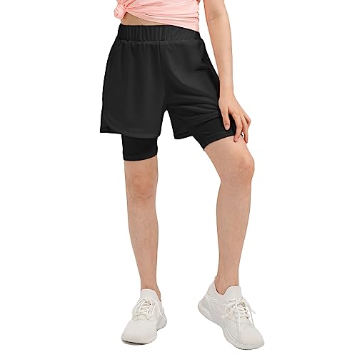 NCTCITY Kinder Mädchen Running Shorts 2 in 1 Laufshorts Fitness Athletic Shorts Workout Sport Yoga Jogginghose Doppellagige Radlerhose Atmungsaktive Schnell Trocknende Bottom mit Innentaschen