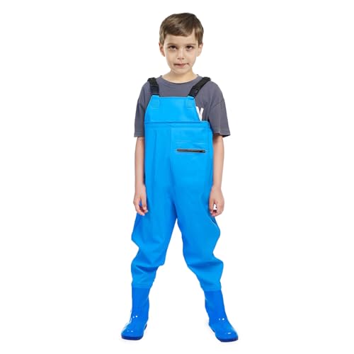 VicBre Kinder-Wathose für Jungen und Mädchen, Reißverschlusstasche,Verstellbare Träger,Rückenschnalle Design,Wasserdichte Regenhose mit Stiefeln, Wathose für Jugendliche,Blau,32