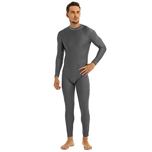 dPois Herren Jumpsuit Lang Overall Langarm Ganzkörperanzug Bodysuit mit Stehkragen Zipper Sport Body Gymnastikanzug Stretch Grau Medium