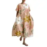 Leinenkleid Damen Sommer Lang Boho Große Größen Maxikleid Loose Rundhals Freizeitkleid Blumen Druck Urlaubskleid Halbärmeln Longshirt Vintage Maxi Dress Mode Strandkleid Lange Kleid