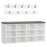 HOOBRO Garderobe Schuhregal Set, Schuhbank mit 12 Fächern, Schuhregal mit gepolsterter Sitzbank, Wandgarderobe mit 9 Haken, Schuhschrank für Flur, Eingangsbereich, Schlafzimmer weiß EWT112HX01