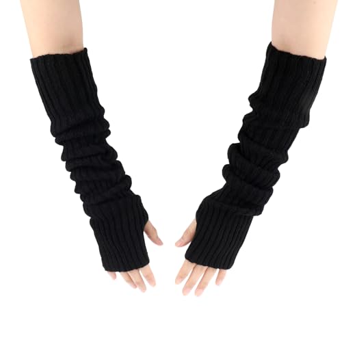 Aeaocvo Winter Armstulpen Damen, Weich Arm Stulpen Schwarz, Fingerlose Gestrickte Handstulpen, 50 cm Lang Arm Warmers Handwärmer für Damen