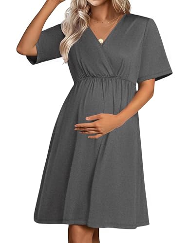Weardear Stillen Nachthemd Damen Kurzarm V Ausschnitt Mutterschaft Nachtwäsche mit Stillfunktion Umstandsnachthemd Grau L