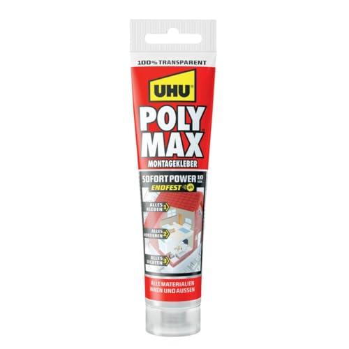 UHU POLY MAX Montagekleber 10 SEK SOFORT POWER Tube, Universeller, glasklarer Montagekleber und Dichtungsmasse mit hoher Anfangshaftung und schnellem Festigkeitszuwachs. transparent 115g.