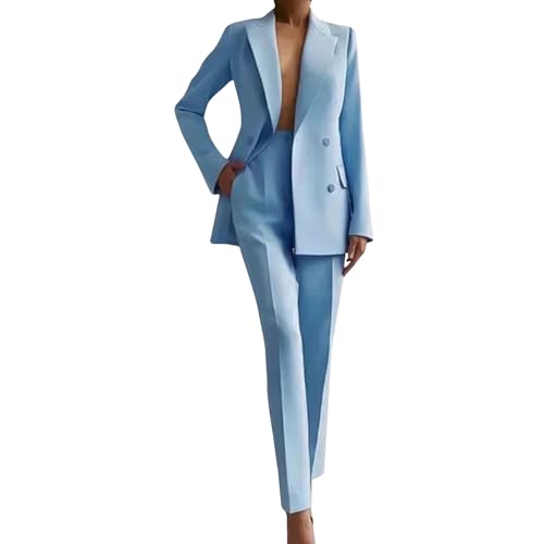 Elegante 2-teilige Hosenanzüge, Blazer und Hose, Business-formelle Arbeitsanzüge für Frauen, Büroarbeits-Outfits, hellblau, M