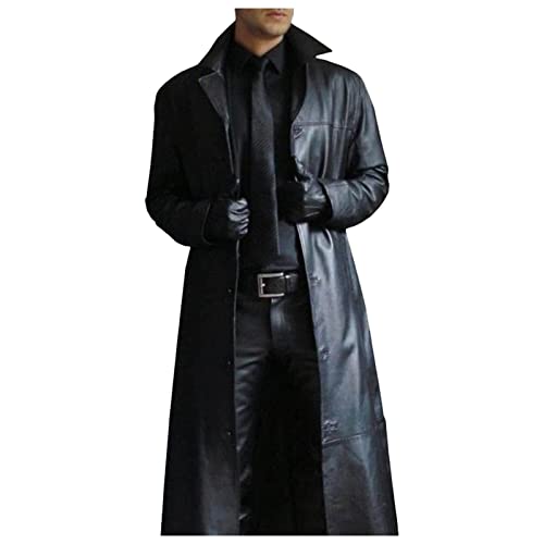 Ledermantel Herren Lang Schwarz Männer Solide Trenchcoat Slim Kunstleder Leder Viktorianischen Cosplay Kostüm Distressed Herrenmantel Windjacke aus Kunstleder Winterjacke