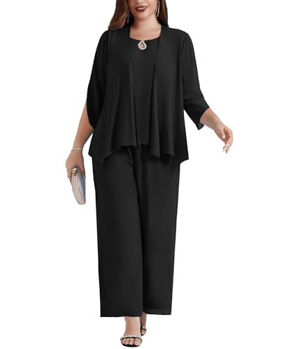 Hanna Nikole Hosenanzug Damen Tüll Abendanzug Sets Chiffon Shirt Und Hohe Taille Hosenanzug Elegant Vintage 3-Teiliges Set Outfit Cocktail Festlich Hosenanzug Schwarz 50
