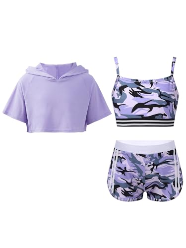 Fldy Mädchen Trainingsanzug Sport Set Kurzarm Hoodie Crop Tank Top Shorts Mädchen Sommer Kleidung Set Kinder Tanz Workout Laufen Outfit Violett 158-164