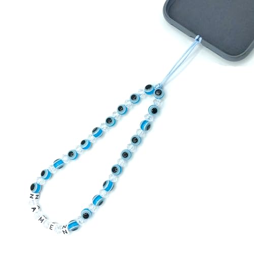 Handykette Schlaufe mit Wunschnamen aus Perlen Umhängeband Handyanhänger Handy Schmuck Perle nkette Handy Charm Nazar Türkische Auge Hellblau transparent Personalisiert Unisex (Modell 2)