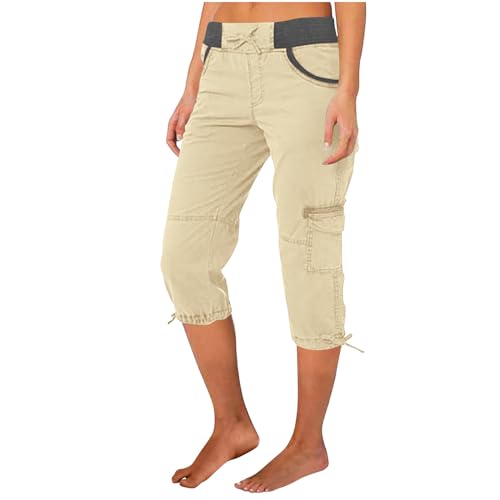 Warehouse deals angebote Caprihose Damen Sommer 7/8 Hose Baumwolle Arbeitshose Hohe Taille Sommerhose Einfarbig Sporthose Regular Fit Caprihose Freizeithose Jogginghose mit Taschen Arbeitshose