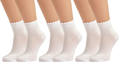 Vitasox Mädchen Kinder Socken Kindersocken Baumwollsocken Mädchensocken Filetsöckchen weiß einfarbig Wellen-Abschlußrand ohne Naht 21095, 3er, 6er Pack, 3 Paar, 31/34