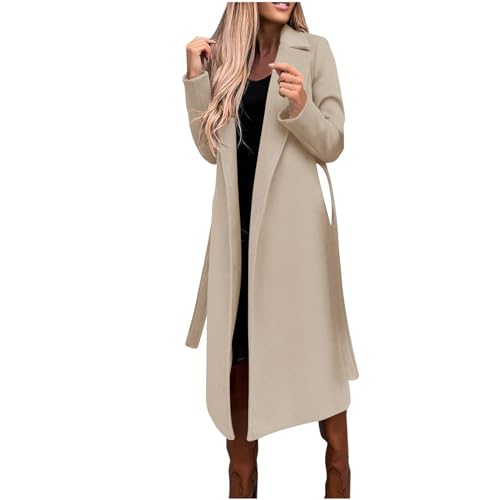 Wollmantel Damen Lange Winterjacke Elegant Einfarbig Trenchcoat Langarm Reverskragen Jacke Dicke Warme Wolljacke Windbreaker mit Verstellbarer Gürtel Locker Wintermantel Windjacke Mantel Outwear