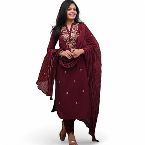RangMahal Kurti-Set für Damen, bestickt, reine Baumwolle, mit Hose und Dupatta Malmal, Wein, Extra Grande