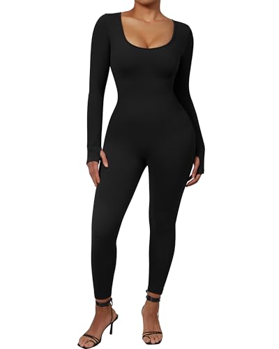 DOULAFASS Nahtloser Gerippter Langarm Jumpsuit Damen Eng Square Neck Bauch Weg Full Body Einteiler Yoga Sport Body Romper Schwarz M