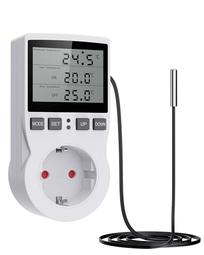 Digitaler Temperaturregler Steckdosen Heizung Kühlen Thermostat mit Fühler Steckdose und Sonde LCD Bildschirm für Gewächshaus,Aquarium,Terrarium,Reptilien