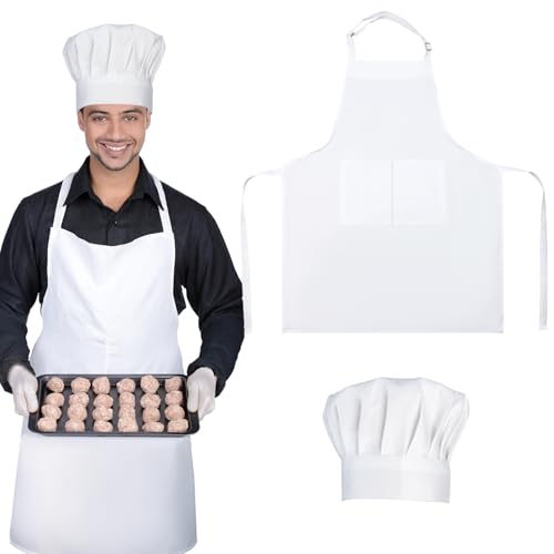 GOTDYBST Kochschürze Damen, Schürze Weiß und Kochmütze Herren, Verstellbare Koch Kostüm, Wasserdicht Schürze Damen Herren, Küchenschürze mit 2 Taschen für Küche Hause Restaurant Hotel
