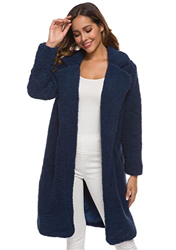 OMZIN Kunstpelz Jacke Mantel Damen Lange Lässige Plüschmantel Damen Warm Jacke Damen übergangsjacke Winterjacke Kardigans Navy Blau 3XL