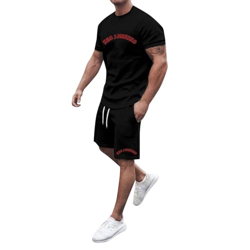 Sportpyjamas Für Herren Jogginganzug Bequemes Sommeroutfit Übergroße Sportbekleidung Zweiteiliger Männer Fitnessanzug Kurzarm T-Shirt + Shorts Pyjama Loungewear Kleidersack Mit Schuhfach(Schwarz,XXL)