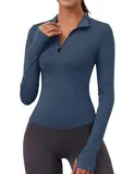 Rapbin Damen Sportshirt Langarm Gym Top Leicht Fitness Oberteil für Wandern Laufen mit Halbem Reißverschluss und Daumenloch （ Grau Blau,M）