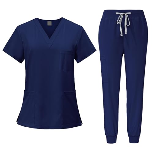 Fonowx Medizinische Arbeitskleidung Damen Herren, Krankenschwester Arbeitskleidung Set Waschbar, Medizinische Uniform mit Oberteil und Hose für Beauty Salon Klinik Krankenhaus, Navy blau, l