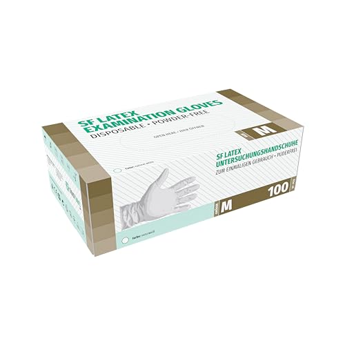 SF Medical Products GmbH Latexhandschuhe 100 Stück Box (M, Weiß) Einweghandschuhe, Einmalhandschuhe, Untersuchungshandschuhe, Latex Handschuhe, puderfrei, unsteril, disposible gloves