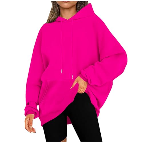 KOG Hoodie für Damen Baumwolle Kapuzenpullover Einfarbige Hooded Sweatshirt Warmes Hoodies Frau Oberteile Vintage Bekleidung Warm Teenager Mädchen Elegante Regular Amazon Gutschein Knalliges Pink XL