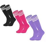 Durio Baseballsocken für Jugendliche, Kleinkinder, Kinder, weiche Baumwolle, lange Socken für Mädchen, Jungen, Kinder, Baseballsocken, Schwarz & Pfirsichrosa & Hellviolett mit weißen Streifen, 10-12