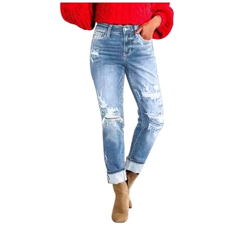 Jeans Damen 7/8 Länge Stretch Damen Casual Ripped Street Hip Hop Street Straight Mid Rise Jeans Longshirt Damen Lässig für Leggings Hose für Zusammenkünfte Gesellschaftliche (Light Blue, XXXL)