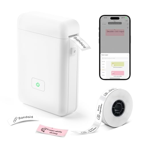 LFPERT Etikettiermaschinee,HP2-S beschriftungsgerät selbstklebend mit 1 Rolle Klebeband,etikettendrucker Bluetooth für Zuhause, Büro, Organisation,Aufbewahrung, kompatibel mit iOS,Android,weiß