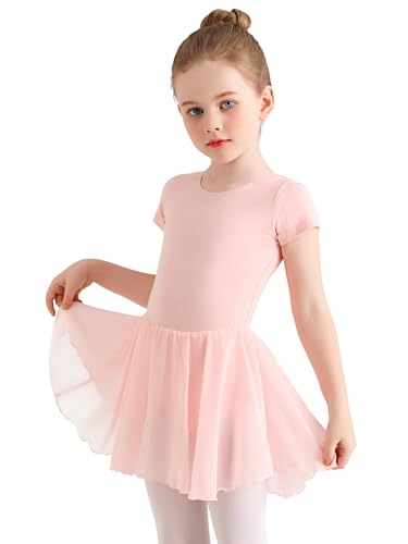 Eisnnu Kinder Ballettkleidung Mädchen Baumwolle Kurzarm Tanzkleid mädchen Ballettrock Balletttrikot Ballettanzug mit Chiffon Rock Tütü 2-11 Jahre