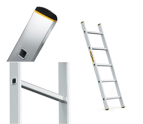 DRABEST PRO Serie Anlegeleiter Aluminium-Stufenleiter - 5 Stufen - mit Leiterhaken - Tragfähigkeit 150 kg - Anti-Rutsch-Füße, Leichtes Gewicht, korrosionsbeständig - EN131