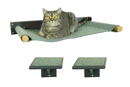 Catify® Katzenhängematte Extra Groß & Stabil inkl. 2x Katzentreppe | Hängematte für Katzen | Katzenbett an der Wand | Wandliege Katzen | Katzenliege für Wand | aus Deutschland | Katzenregal (Grau)