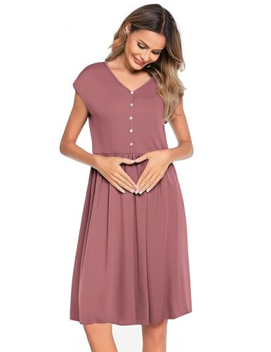 Weardear Stillnachthemd Damen Nachthemd mit Knöpfen Ärmellos Umstandskleid Nachthemden für Schwangere Rosa L