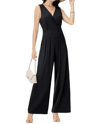 Tanmolo Damen Jumpsuit Elegant Festlich Sommer Ärmellos Overall Weites Bein Romper Mit Taschen Kurz Schwarz, XL