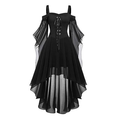 Gwnauz Halloween Kostüm Damen Gothic Kleid KurzMittelalter Gebundene Taille Kleider Erwachsene Vampir Schwarz Kleid Renaissance Gotisch Minikleid Trompetenärmel Kleid Schwarz für Halloween Karneval