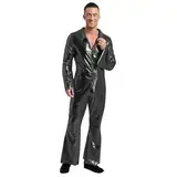 Agoky Herren Metallic Jumpsuit Langarm Overall mit Kentkragen Zipper Lange Hose mit Schlag 70er 80er Jahre Disco Tanz Outfits Schwarz 4XL