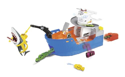 Dickie Toys Shark Attack Spielzeugboot Spielset mit Tragegriff inkl. Fahrzeug & Helikopter Hai mit Schnappfunktion knautschbares U-Boot mit Wasserspritze Haikäfig ab 3 Jahren Größe: 41 x 18,5 x 22 cm