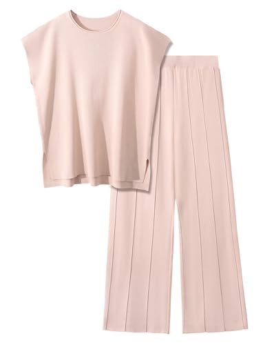 PASUDA Zweiteiler Damen Elegant Pullover Sets Hausanzug Strickpullover Tops Elastische Taille Weites Hose Lounge Sets Rundhalsausschnitt Outfit Freizeitanzug Trainingsanzug (Khaki, M)