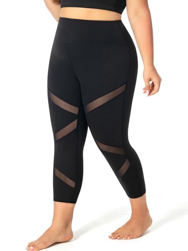 Mejing Leggings in Übergröße für Damen mit Taschen, dehnbar, Größe L–5XL, Bauchkontrolle, hohe Taille, Training, schwarze Netz-Yogahose, 5X-Large Mehr