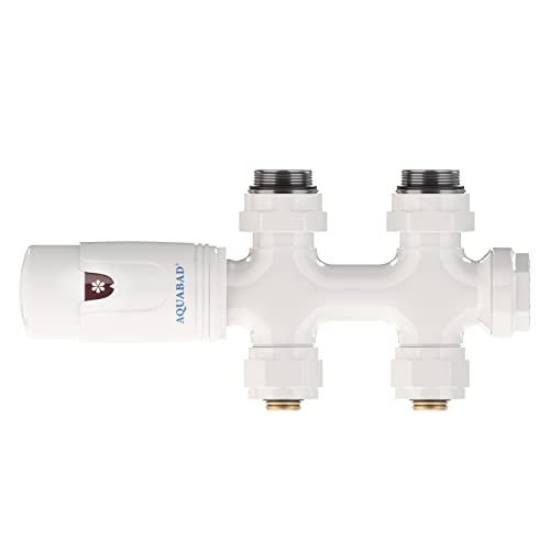 Aquabad® Heizkörper Multiblock mit Thermostat für 50mm Mittelanschluss, Weiß - Durchgangsform inkl. Adapter für Verschraubungen 15mm Kupferrohre & Standardverschraubung 16mm PEX