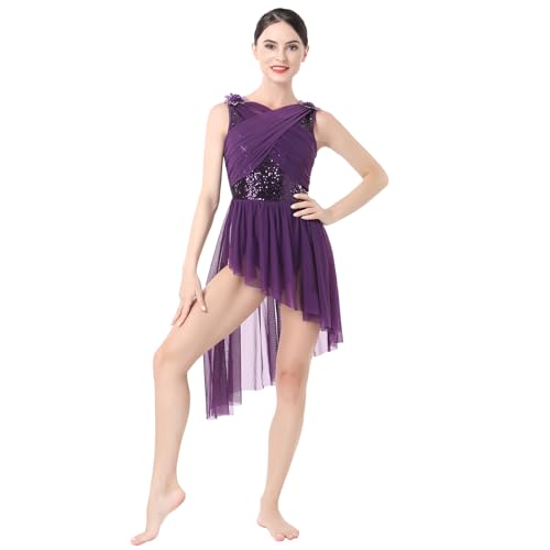 Lyrische Tanzkost�me Frauen Moderne Contemporary Tanz Kost�me Damen Ballettanzug �rmellos Tanzkleid Ballettkleid Pailletten T�llkleid Asymmetrische Gymnastik Leotard Kleid Ballett Trikot Lila XL