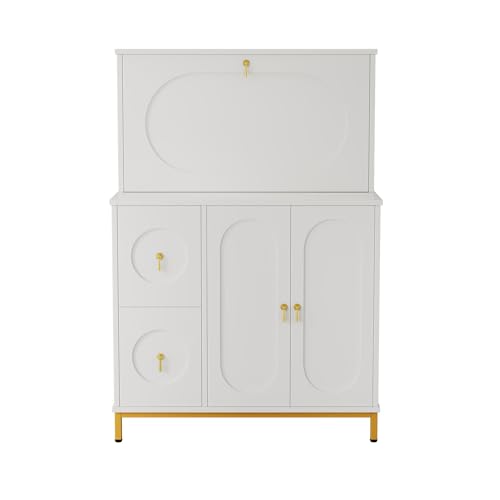 Sekretär Weiß, Sekretär Schreibtisch mit Kommode, Bürotisch mit Schrank, Laptop Arbeitstisch, Computertisch, 100x 51x 150 cm