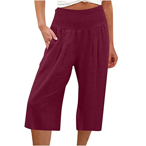 Awrvia Sommer 3/4 Hose Damen Leinen Baumwolle Stoffhose Leicht Atmungsaktiv Yogahose Kuschelig Lässig Leinenhose Weites Bein Hosen Weich Bequem Sporthose mit Taschen Sommerhose für Frauen