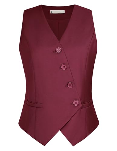 Belle Poque Rote Westen für Damen Elegante V-Ausschnitt Ärmellose Formelle Business Westen Weinrot L