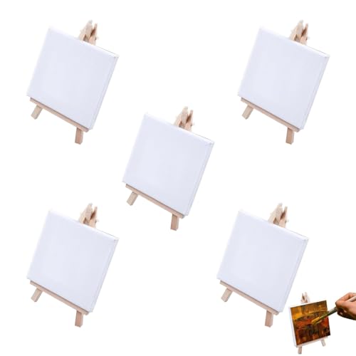 Mini Staffeleien mit Leinwand, 5 Stück, Mini-Holzstaffelei-Set, 10 x 10 cm Leinwand, mit 8 x 15 cm Staffelei Kleine, für Hochzeit Dekoration, Malhandwerk, Display