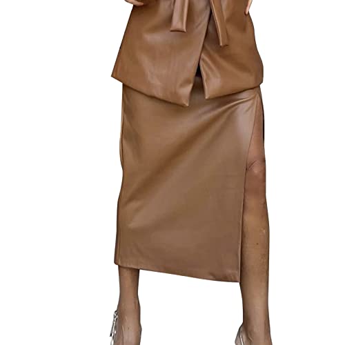 Skinny Röck Hüfte Schlanken Lederrock Mit Schlitz Elegante Damen Sexy Midirock Hoch Taille Midi Slim Fit Wickelrock Röcke Lang Abnehmen Stretch Elegant Freizeitrock High Waist Rock (Brown, XL)